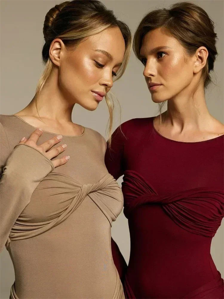 Vestido Maxi Plisado Sexy para Mujer Tossy, Vestido Ajustado de Manga Larga con Parches y Nudos, Estilo Y2k Otoño, Ropa Urbana para Mujer