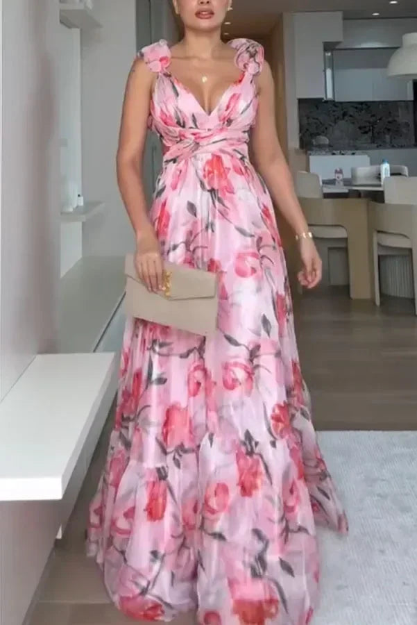 Vestido largo de gasa estampado sexy 2025, moda de verano, elegante, con cuello en V, volantes, ajustado, sin mangas, sin espalda, para fiesta, para vacaciones