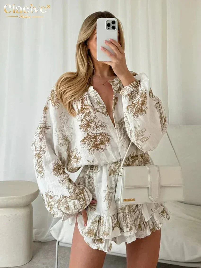 Clacive Vestido holgado de mujer con estampado de moda 2024 Casual Cuello Redondo Manga Larga Mini Vestidos Elegante Cintura Alta Plisado Vestido Femenino