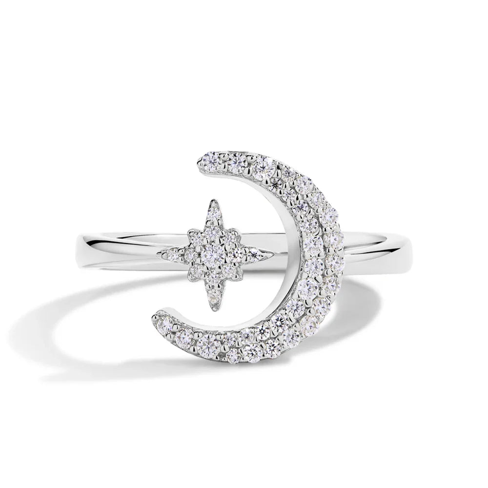 MINTYBOX 0.242CTW Star Moon S925 Sterling Silver Moissanite Rings For Women Lab Diamond Ring 18K Gold Plated Wedding Jewelr Gift