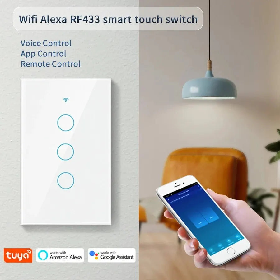 Interruptores inteligentes Tuya (EE. UU.) con cable neutro/sin cable neutro necesario, interruptor de luz táctil WiFi de 1/2/3/4 grupos, funciona con Alexa Google Home