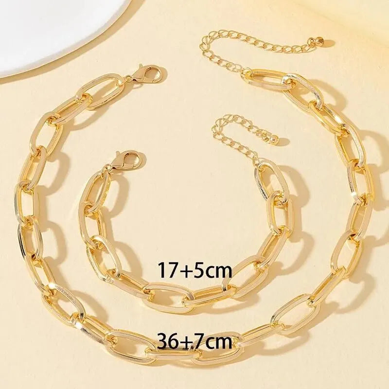 Juego de 2 piezas, collar y pulsera de cadena de eslabones color dorado, pulsera punk de cadena de eslabones grandes, conjunto de joyas para fiesta en Dubái, África, regalo para mujer