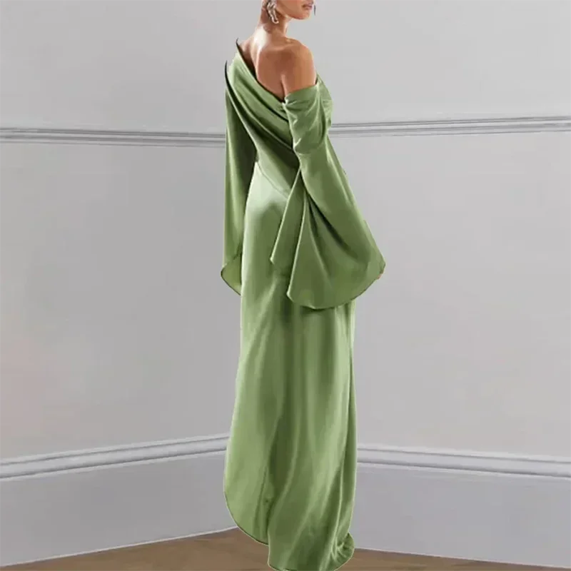 Vestido irregular sólido de hombro oblicuo sexy para mujer, elegante, con cuello torcido, sin espalda, vestido largo, manga acampanada, con abertura, para fiesta, otoño