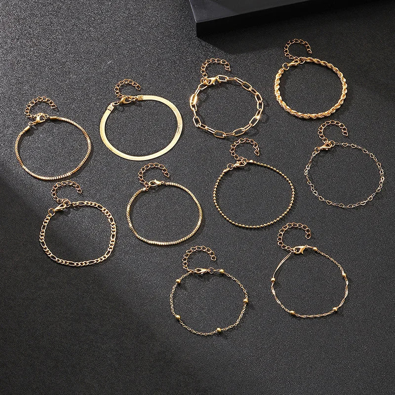 10 Pulseras de cadena de serpiente plana dorada vintage, pulsera de cadena de caja de varias capas, estilo bohemio, joyería de verano para mujer