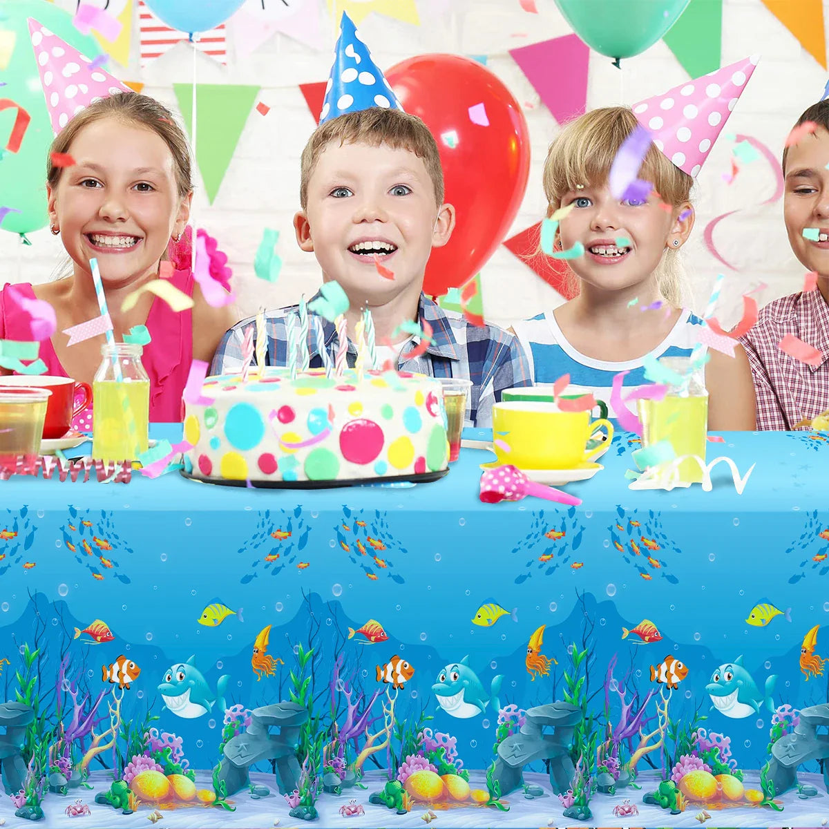 Mantel estampado de organismo marino, decoración de fiesta de cumpleaños bajo el agua, suministros de fiesta de océano, mantel para niños bajo el mar