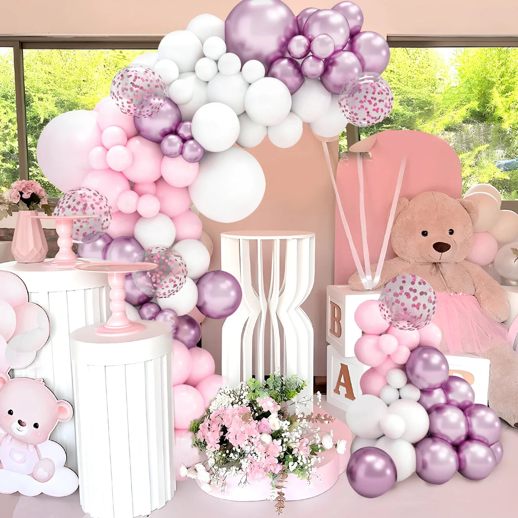 Kit de arco de guirnalda de globos blancos y rosas para boda, fiesta de cumpleaños, decoración, niña, baby shower, suministros de fiesta, globos de látex de confeti