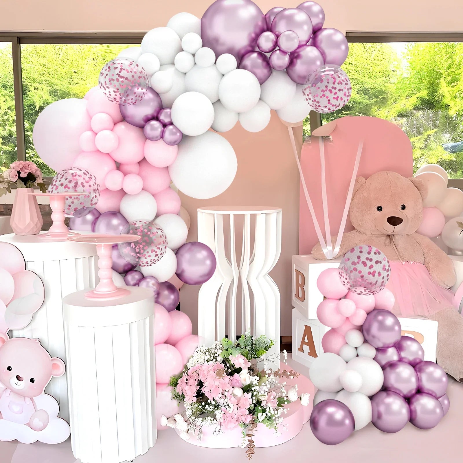 Kit de arco de guirnalda de globos blancos y rosas para boda, fiesta de cumpleaños, decoración, niña, baby shower, suministros de fiesta, globos de látex de confeti