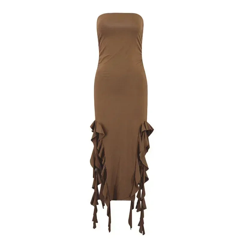 BWQ Vestidos largos para mujer con aberturas, sexy, ajustado, sin mangas, vestido medusa, moda para chicas, vestido maxi de hombros descubiertos para mujer