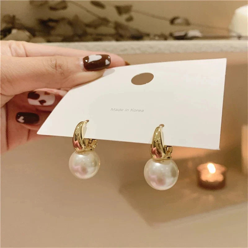 Silver Color Pearl Studs Hoop Earrings for Women Gold Color Eardrop Minimalist Hoops Wedding Fashion Jewelry Dropshipping