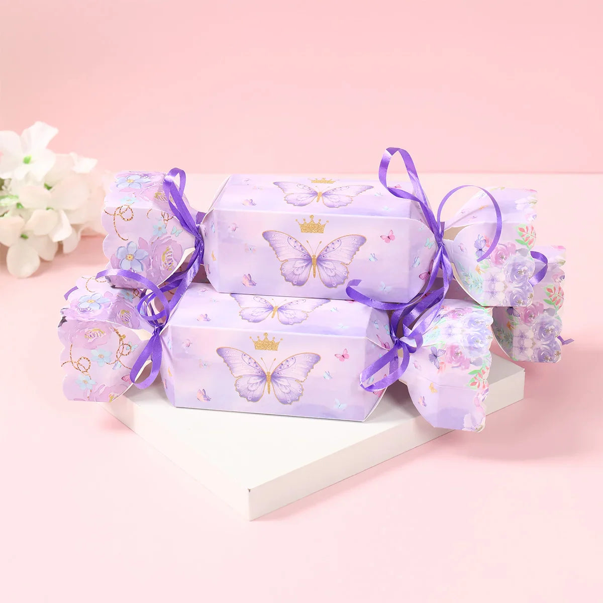 Caja de dulces de mariposa de 6 piezas con cinta, caja de regalo, decoración de fiesta de cumpleaños de mariposa, suministros de fiesta de boda para baby shower de niños