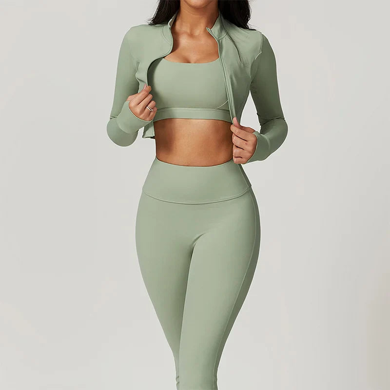 Conjunto de entrenamiento ropa deportiva 3 piezas sujetador deportivo leggings de gimnasio de cintura alta manga larga