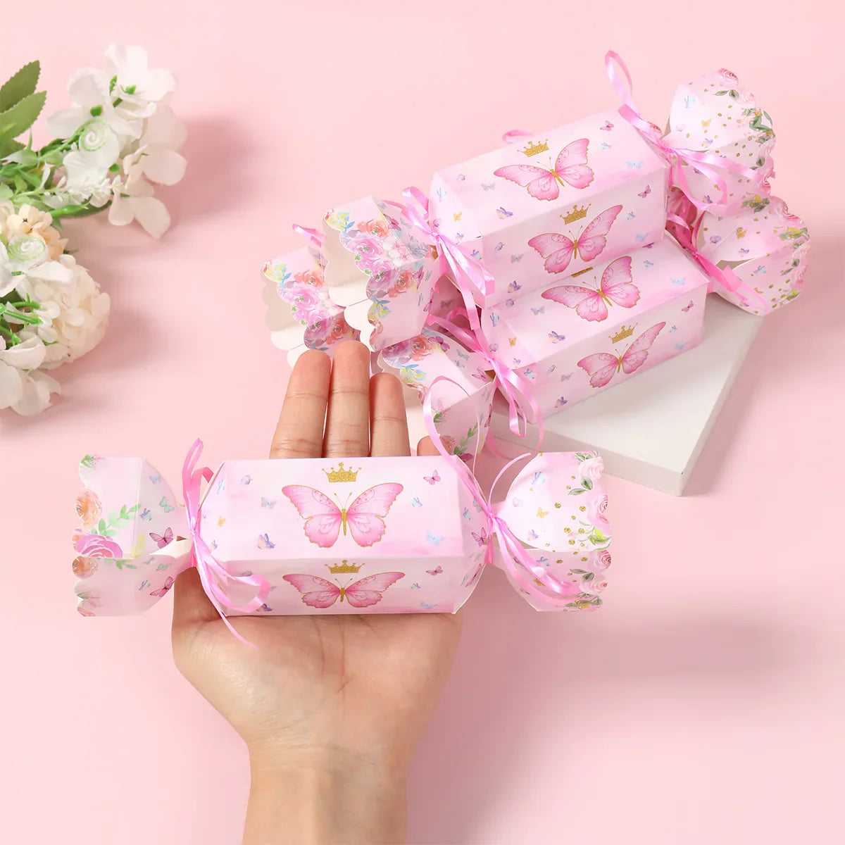 Caja de dulces de mariposa de 6 piezas con cinta, caja de regalo, decoración de fiesta de cumpleaños de mariposa, suministros de fiesta de boda para baby shower de niños