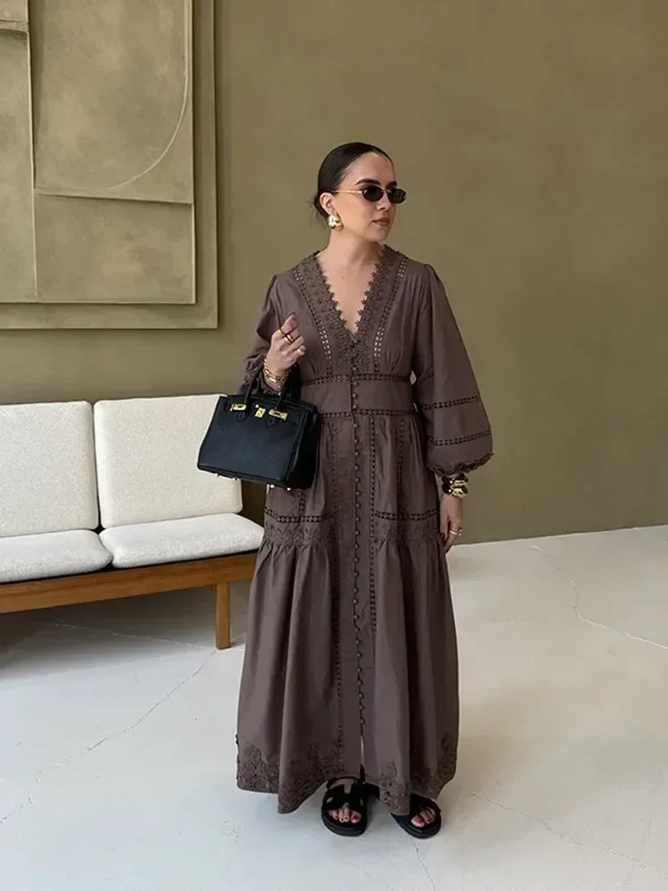 Elegante vestido de encaje calado, patchwork, para mujer, color sólido, cuello en V, manga larga farol, vestidos holgados, vacaciones de primavera 2025, túnicas para dama
