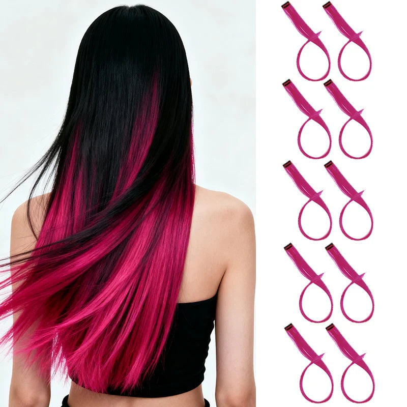 10pcs 22Inch Synthetic Long Straight Hair Extensions Clip in Colored Party Highlights Hairpieces for Women Kids Girls