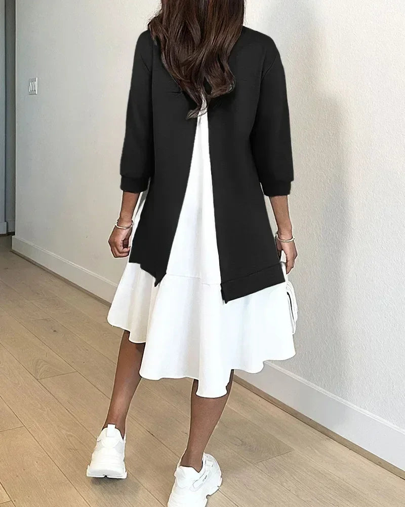Vestido mini de manga larga con cuello redondo para mujer, holgado, de primavera, vestidos de sudadera vintage de otoño, casual, a la moda, con volantes y corte en A