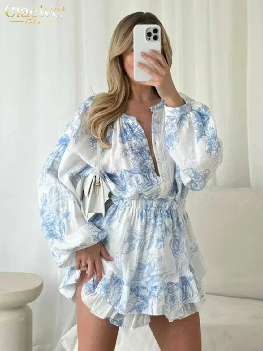 Clacive Vestido holgado de mujer con estampado de moda 2024 Casual Cuello Redondo Manga Larga Mini Vestidos Elegante Cintura Alta Plisado Vestido Femenino