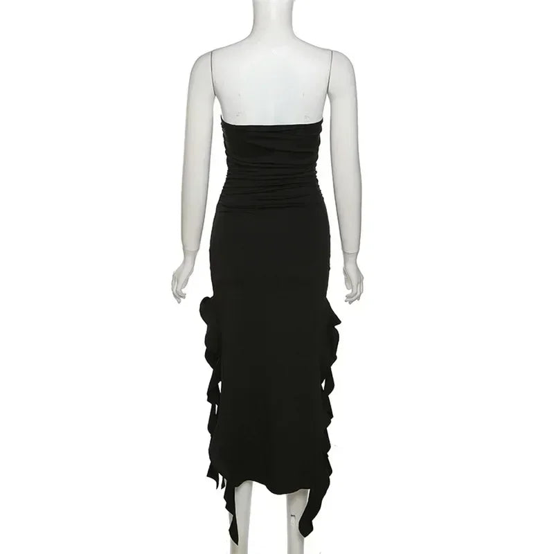 Vestido midi sin tirantes sexy con volantes irregulares criptográficos para mujer, elegante vestido de cumpleaños, vestido de verano fruncido