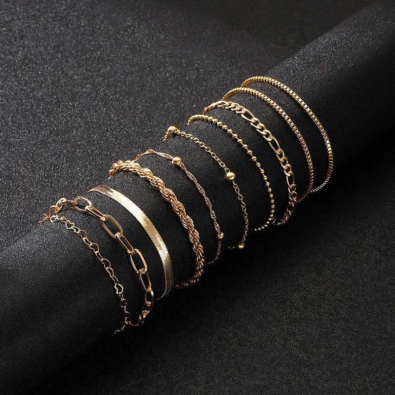10 Pulseras de cadena de serpiente plana dorada vintage, pulsera de cadena de caja de varias capas, estilo bohemio, joyería de verano para mujer