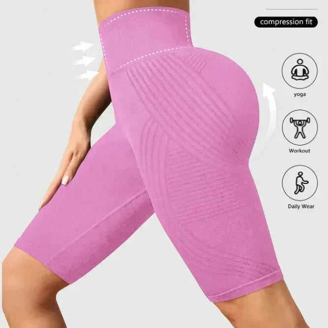 Pantalones cortos de yoga sin costuras para mujer, de cintura alta, a rayas, ajustados, pantalones cortos sexy para levantar glúteos, para gimnasio, de entrenamiento, de alta elasticidad, tipo capri