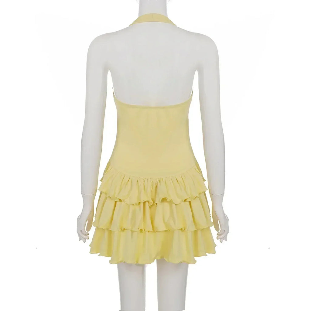 Tornova - Minivestido halter de vacaciones para mujer, sólido, cintura alta, vestido abullonado, empalme con volantes, moda sexy, vestido delgado, nueva colección de verano 2025