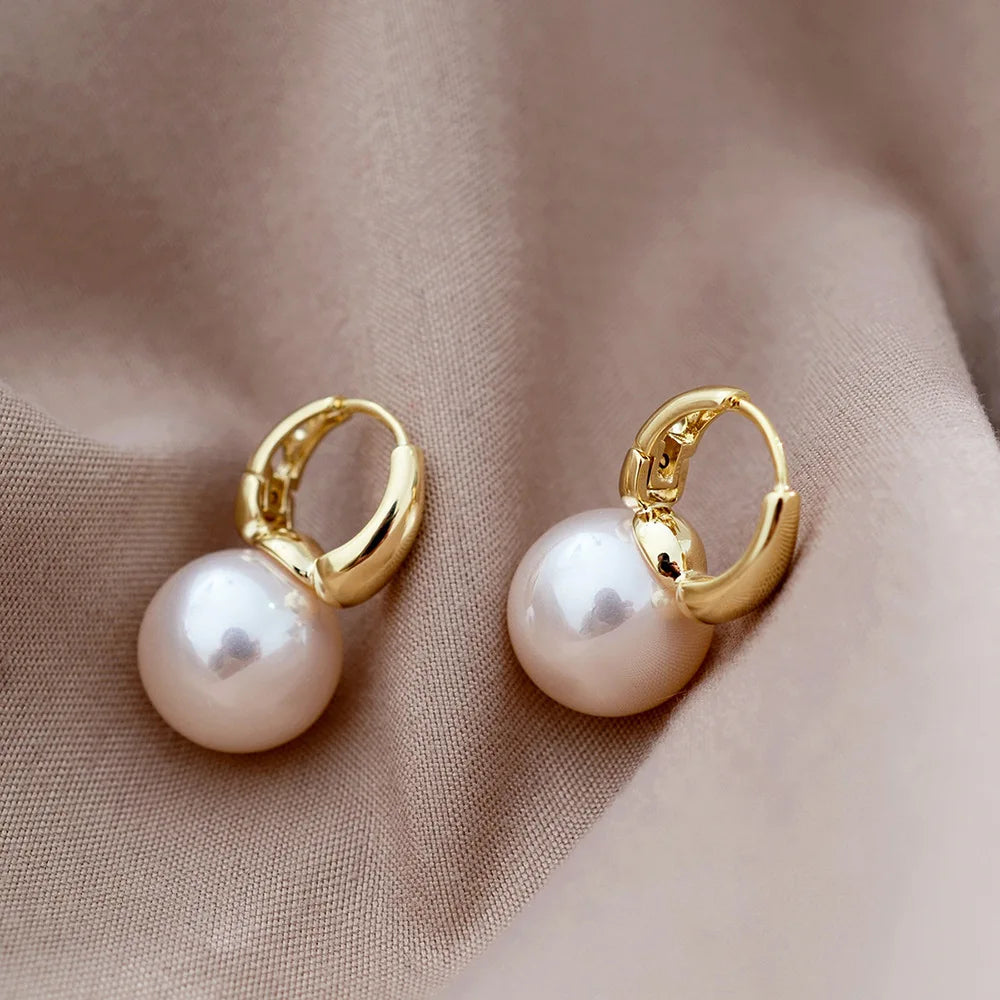 Silver Color Pearl Studs Hoop Earrings for Women Gold Color Eardrop Minimalist Hoops Wedding Fashion Jewelry Dropshipping
