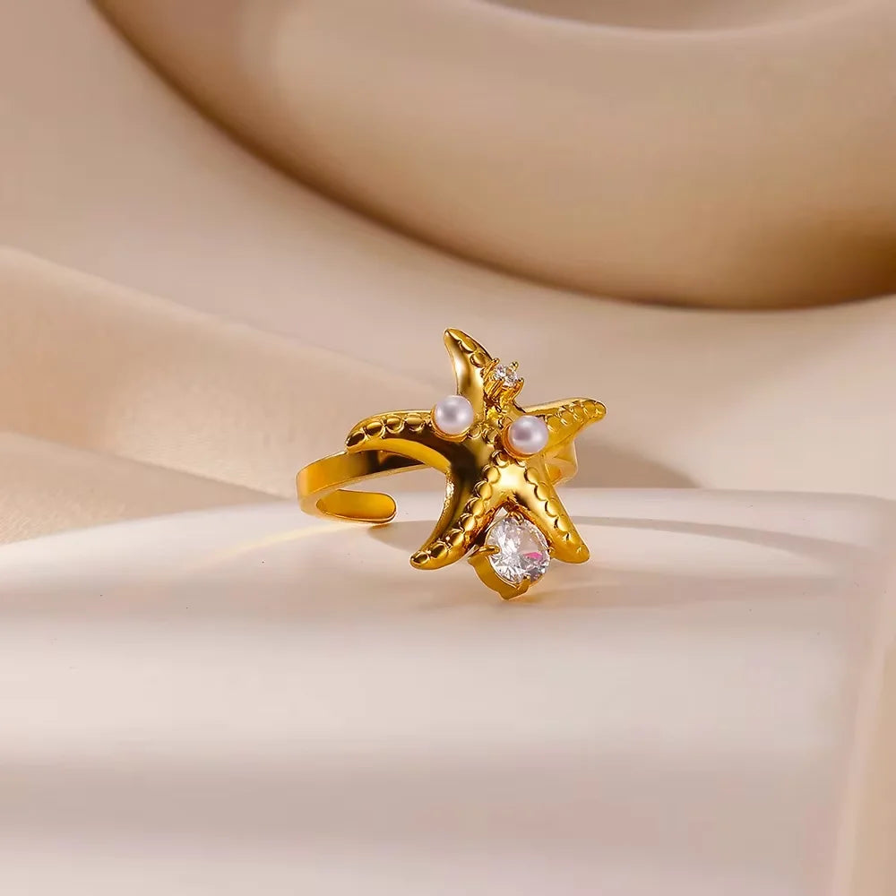 2025 Anillos de agua dulce de acero inoxidable con perlas, estrellas de mar y conchas para mujer, anillos punk, color dorado, vintage, impermeables, joyería de playa