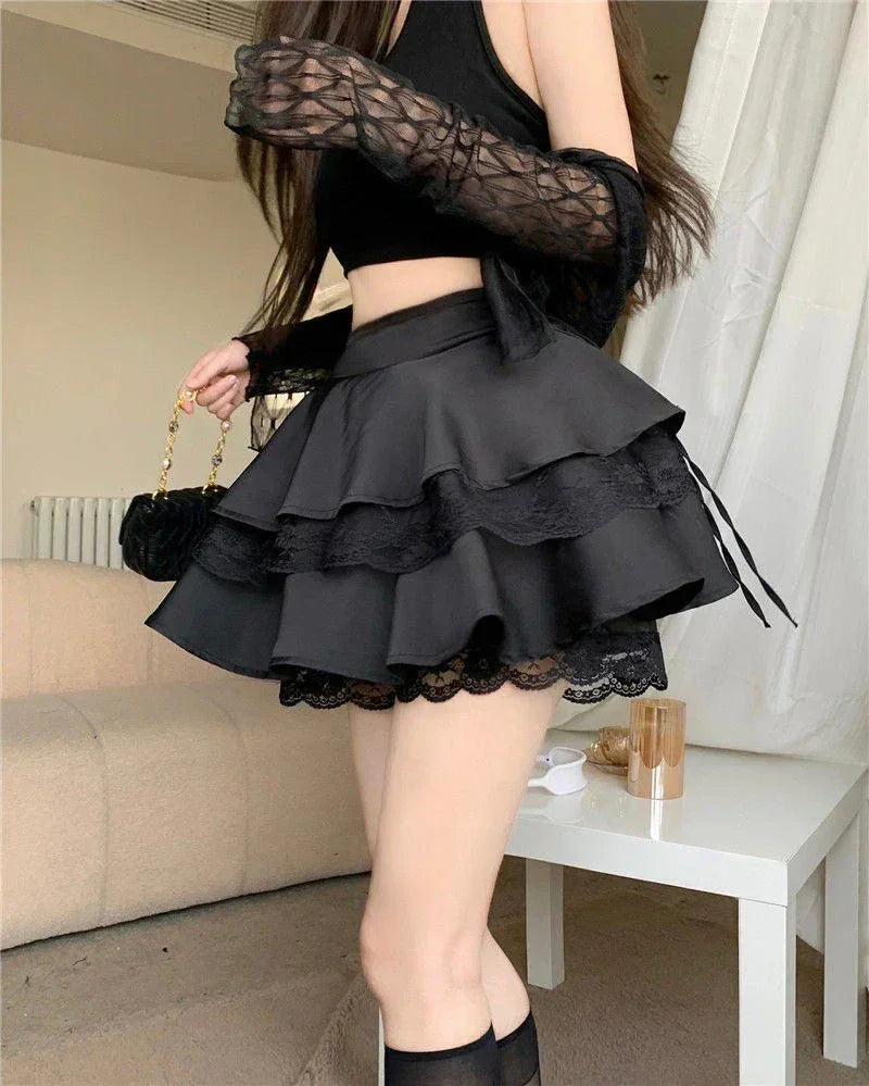 Minifalda Y2K Dulce Lisa para Mujer Verano Cintura Alta Encaje Patchwork Fiesta Elegante Moda Volantes Falda Femenina