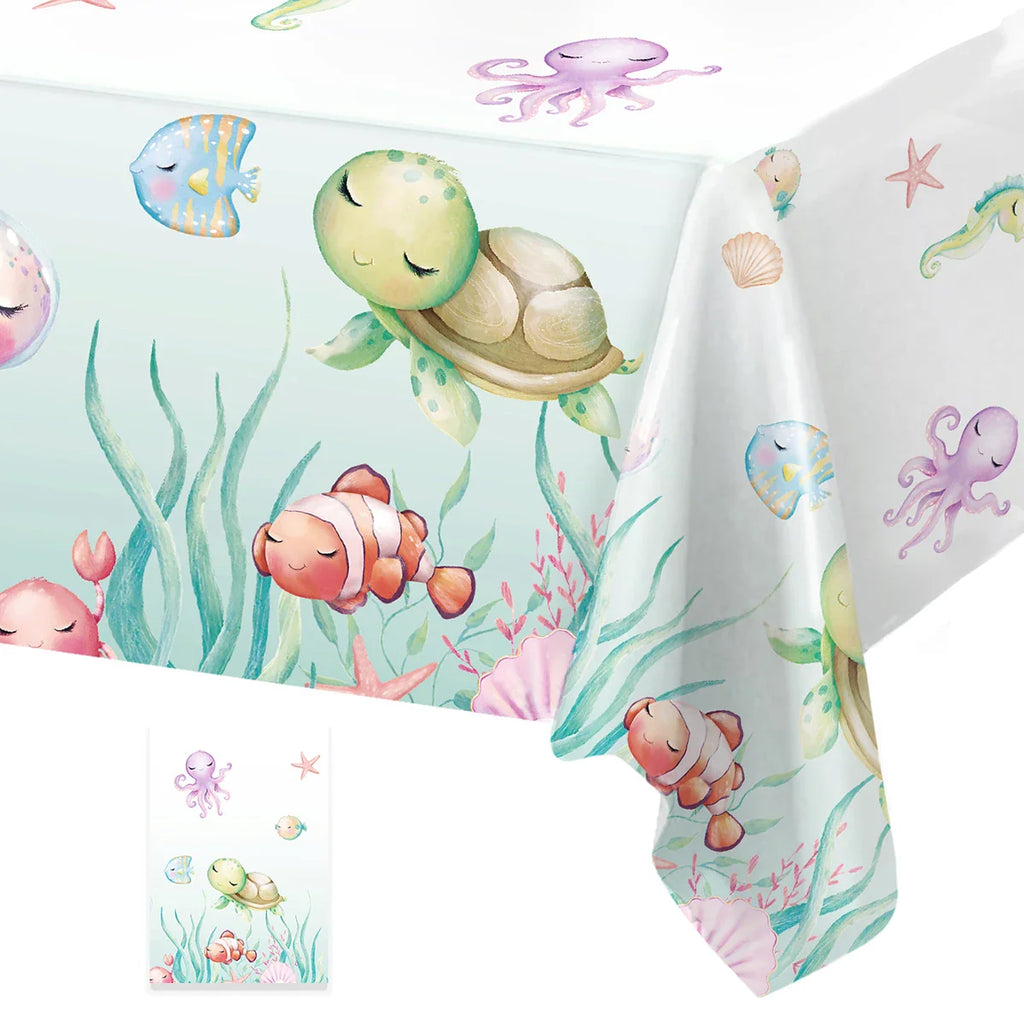 Mantel estampado de organismo marino, decoración de fiesta de cumpleaños bajo el agua, suministros de fiesta de océano, mantel para niños bajo el mar
