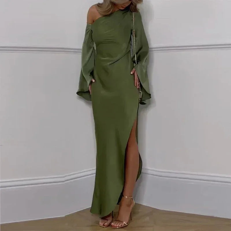 Vestido irregular sólido de hombro oblicuo sexy para mujer, elegante, con cuello torcido, sin espalda, vestido largo, manga acampanada, con abertura, para fiesta, otoño