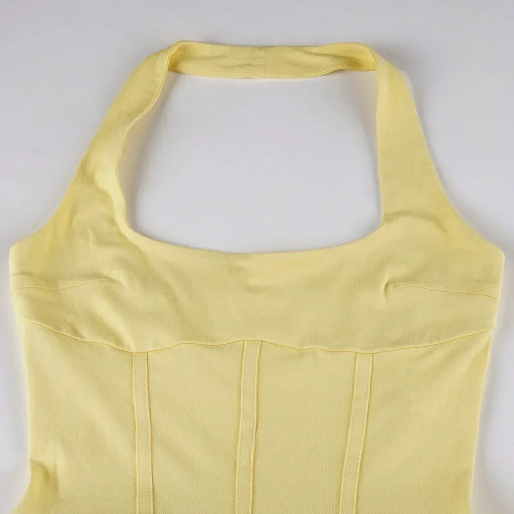 Tornova - Minivestido halter de vacaciones para mujer, sólido, cintura alta, vestido abullonado, empalme con volantes, moda sexy, vestido delgado, nueva colección de verano 2025