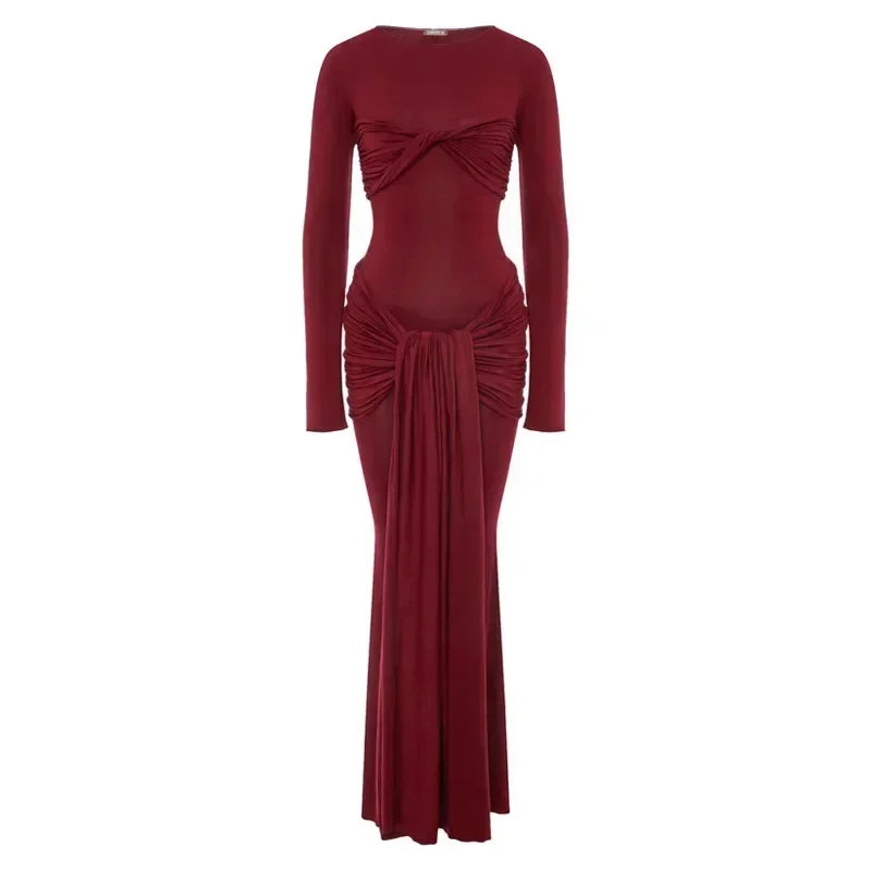 Vestido Maxi Plisado Sexy para Mujer Tossy, Vestido Ajustado de Manga Larga con Parches y Nudos, Estilo Y2k Otoño, Ropa Urbana para Mujer
