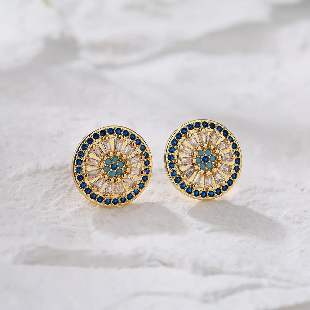NEWBUY Luxury AAA Cubic Zirconia Pave Setting Copper Jewelry Gold Color Round Stud Earrings For Women Girl
