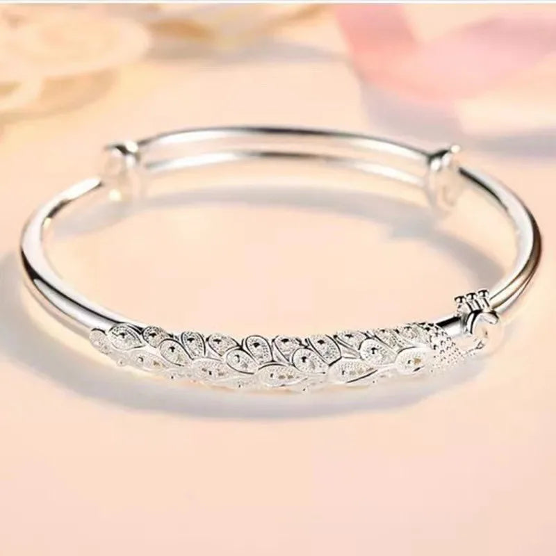 Wholesale Fine 925 Sterling Silver Bangles Bracelet Charms Heart Open for Women Lady Jewelry Adjustment Cuff Wedding Gift