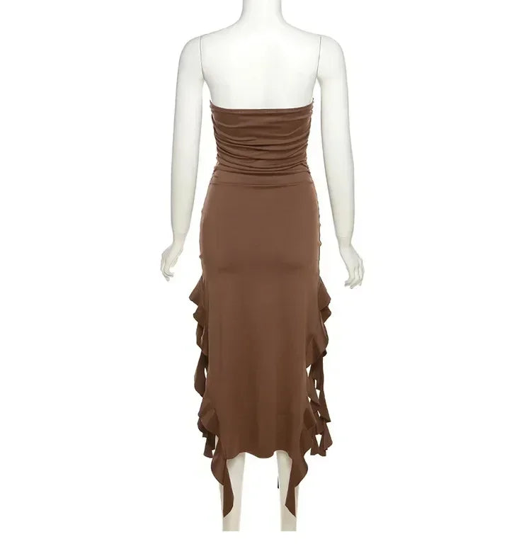 Vestido midi sin tirantes sexy con volantes irregulares criptográficos para mujer, elegante vestido de cumpleaños, vestido de verano fruncido