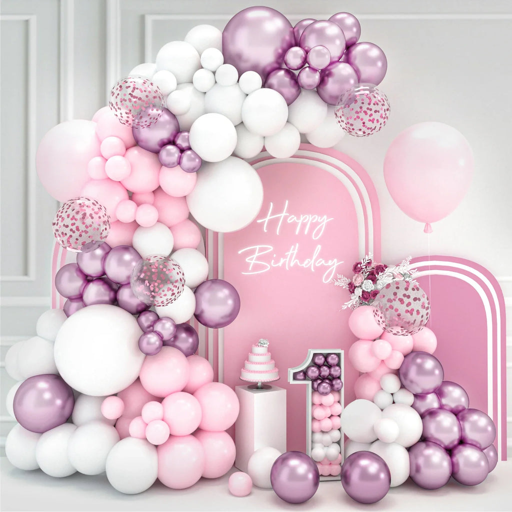 Kit de arco de guirnalda de globos blancos y rosas para boda, fiesta de cumpleaños, decoración, niña, baby shower, suministros de fiesta, globos de látex de confeti
