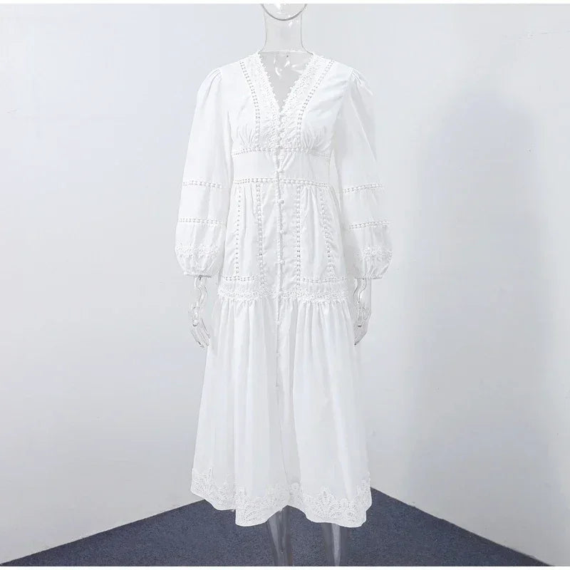 Elegante vestido de encaje calado, patchwork, para mujer, color sólido, cuello en V, manga larga farol, vestidos holgados, vacaciones de primavera 2025, túnicas para dama