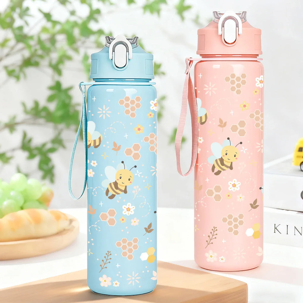 Sweet Honeycomb Bee Pattern Reusable Plastic Water Bottle | Lightweight Leakproof Flip Top Cup for Kids Girls