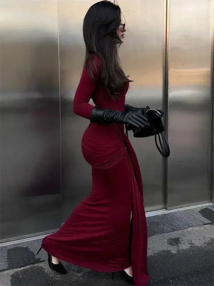 Vestido Maxi Plisado Sexy para Mujer Tossy, Vestido Ajustado de Manga Larga con Parches y Nudos, Estilo Y2k Otoño, Ropa Urbana para Mujer