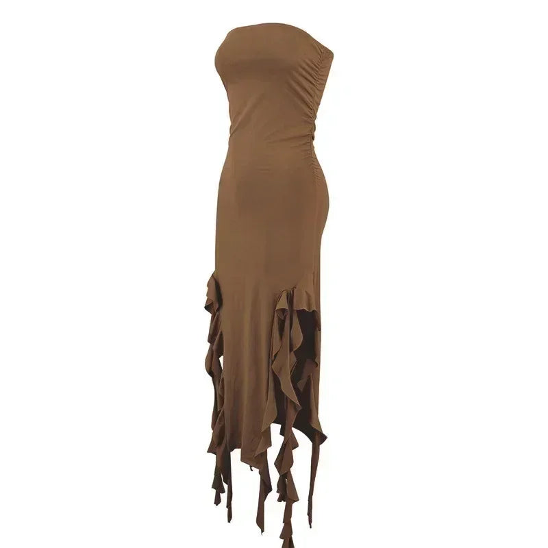 BWQ Vestidos largos para mujer con aberturas, sexy, ajustado, sin mangas, vestido medusa, moda para chicas, vestido maxi de hombros descubiertos para mujer
