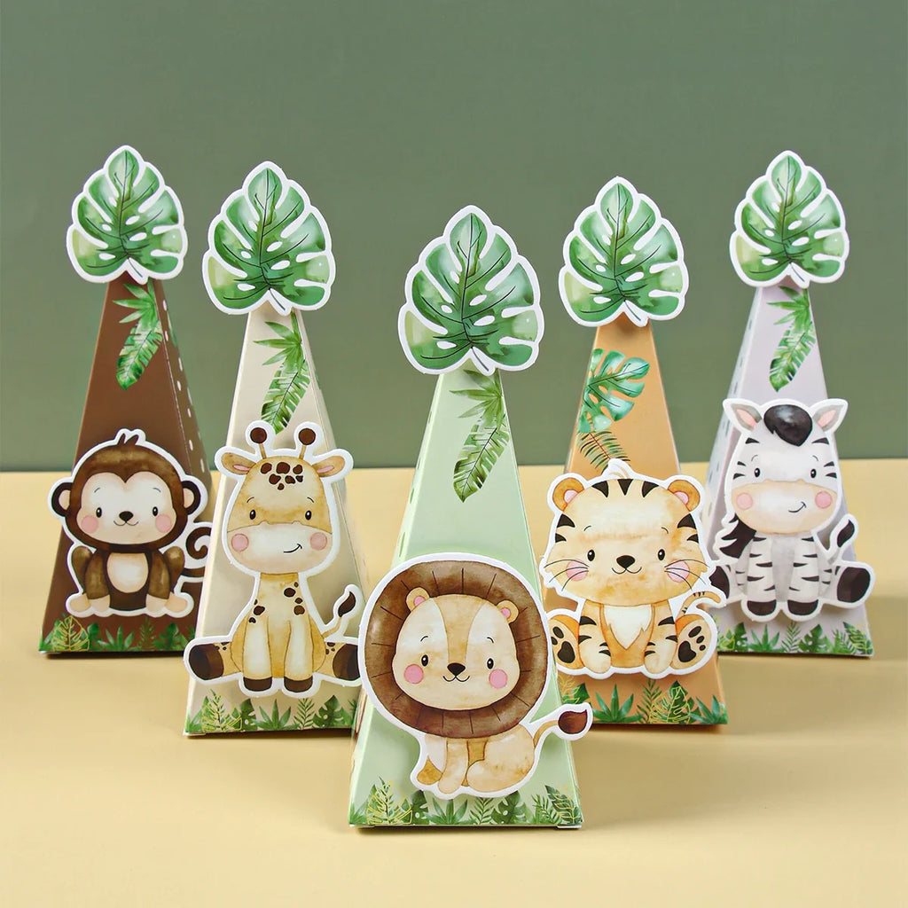 Caja de dulces con animales de la selva, decoración de fiesta de feliz cumpleaños para niños, safari de animales salvajes, decoración de primer cumpleaños para niños, baby shower