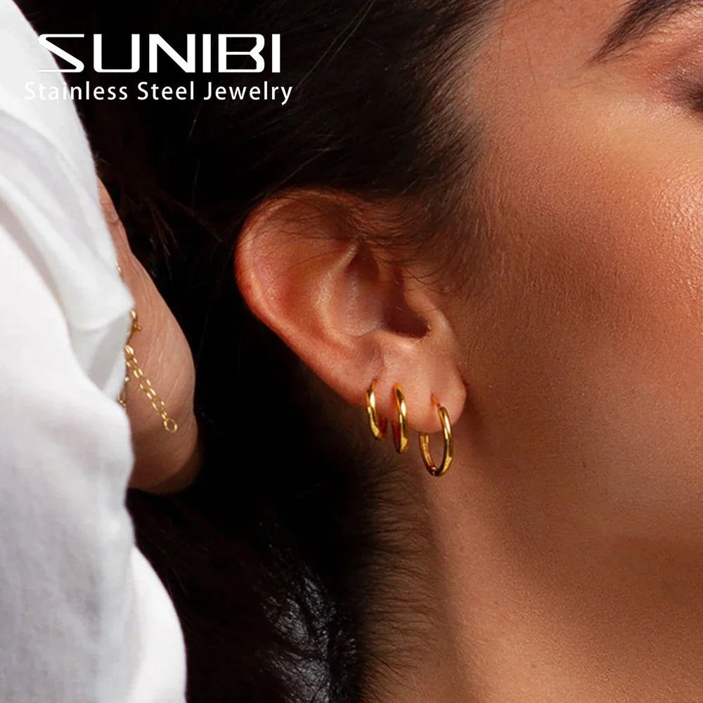 3Pairs Stainless Steel Solid Round Rings Huggies Earrings Set for Women Men Stackable 14K Gold Plated Tiny Ear Cartilage Hoops