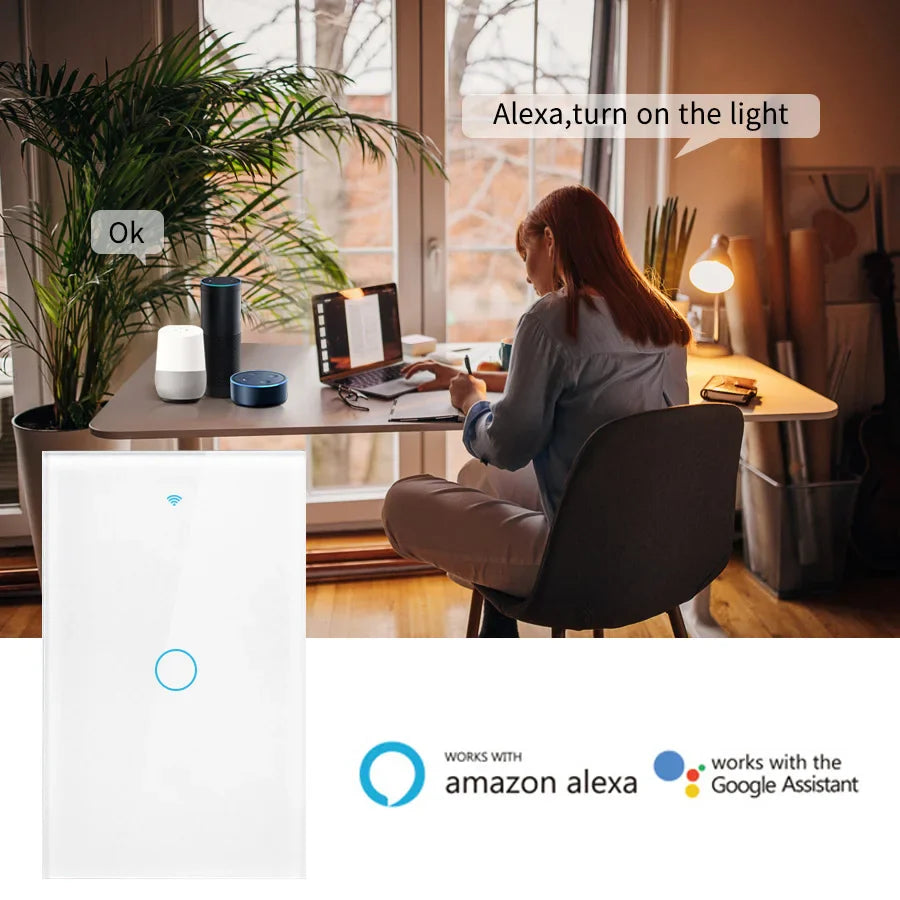 Interruptores inteligentes Tuya (EE. UU.) con cable neutro/sin cable neutro necesario, interruptor de luz táctil WiFi de 1/2/3/4 grupos, funciona con Alexa Google Home