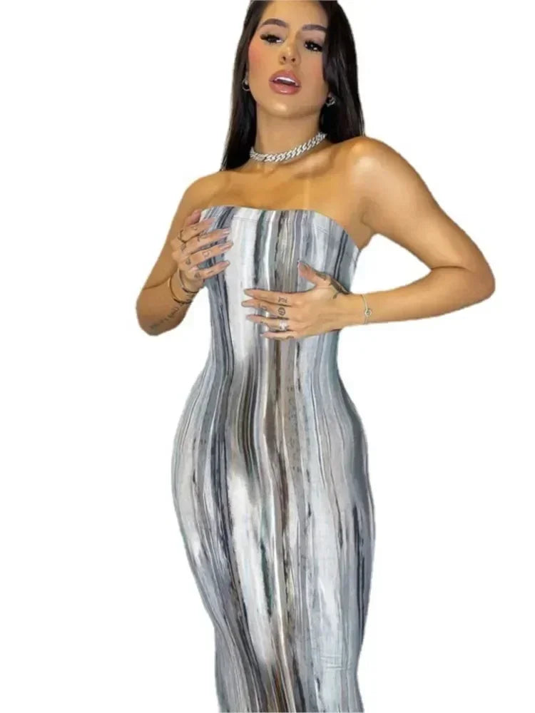 Vestidos de primavera y verano para mujer, con estampado de pecho, sin hombros, vendaje, ajustado, sexy, vestido largo, nueva moda 2023, fiesta, MsChuh