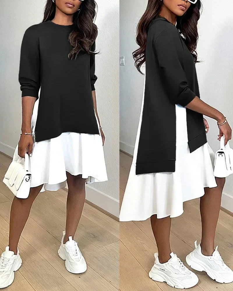Vestido mini de manga larga con cuello redondo para mujer, holgado, de primavera, vestidos de sudadera vintage de otoño, casual, a la moda, con volantes y corte en A