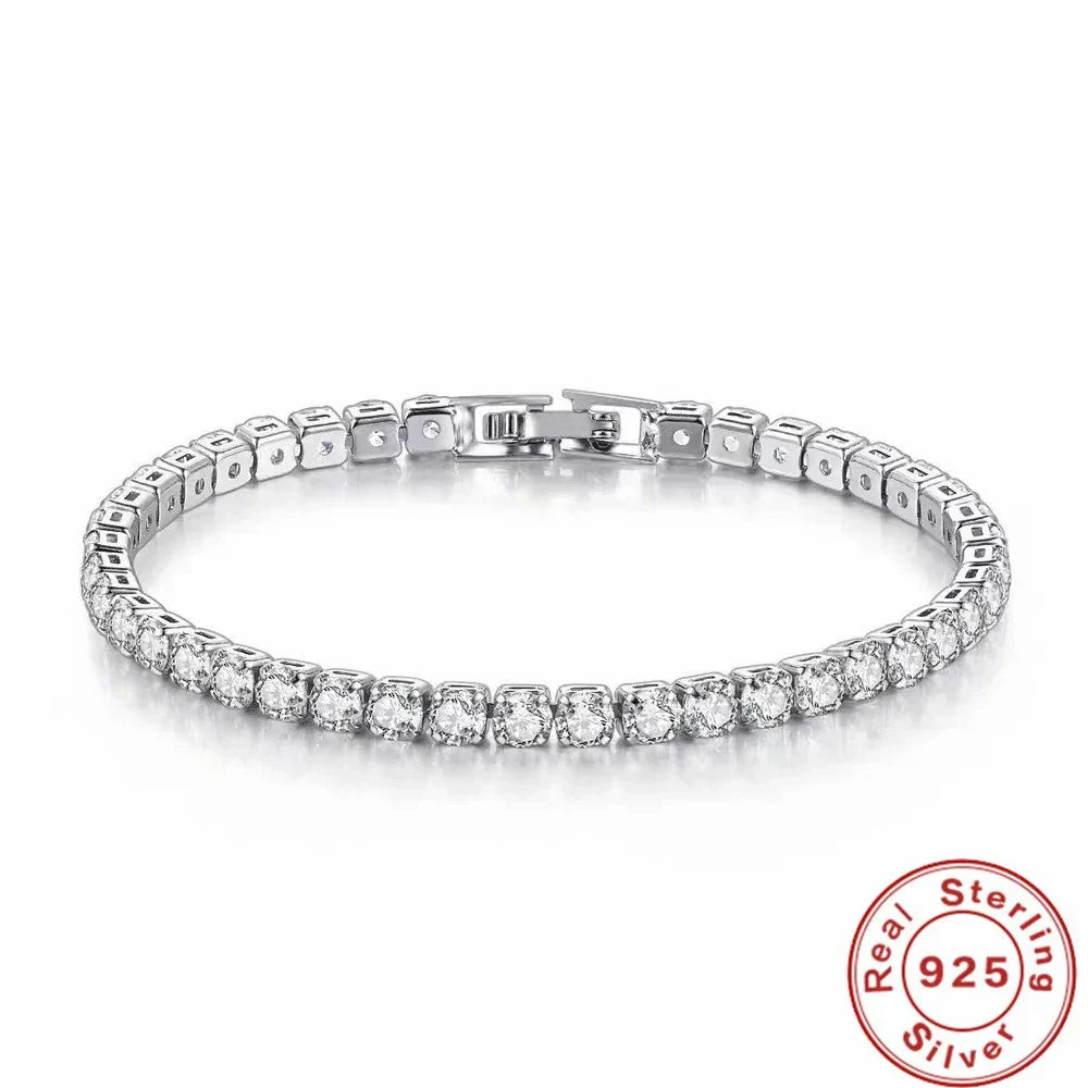 Pulsera de plata de ley S925, circonita, bola de tenis, moda femenina, sencilla, compromiso, boda, joyería, 4 mm, 16-23 cm