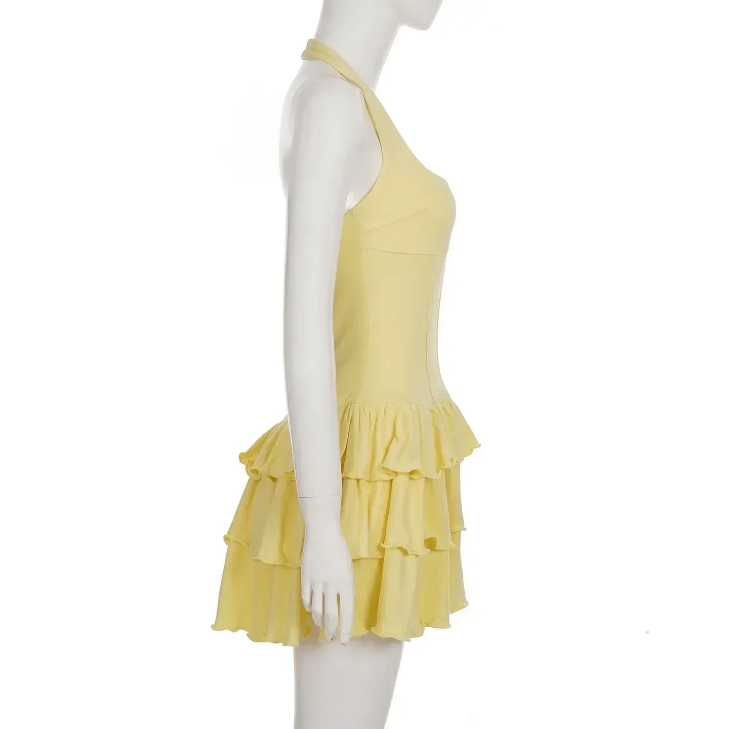 Tornova - Minivestido halter de vacaciones para mujer, sólido, cintura alta, vestido abullonado, empalme con volantes, moda sexy, vestido delgado, nueva colección de verano 2025