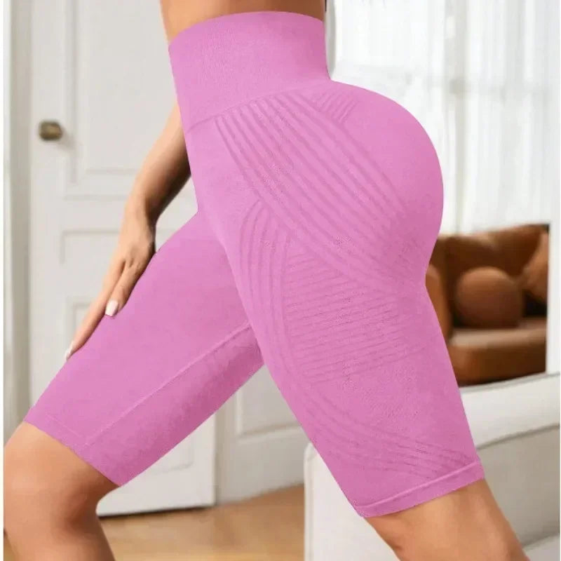 Pantalones cortos de yoga sin costuras para mujer, de cintura alta, a rayas, ajustados, pantalones cortos sexy para levantar glúteos, para gimnasio, de entrenamiento, de alta elasticidad, tipo capri