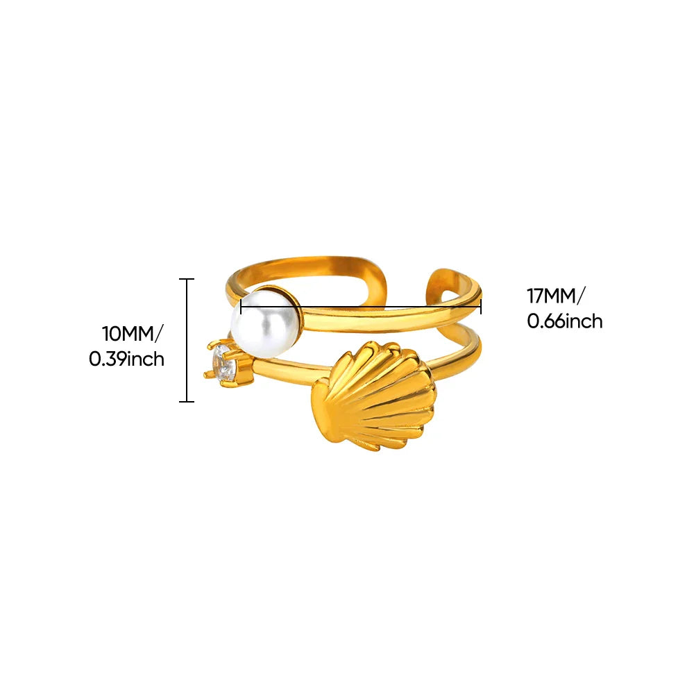 2025 Anillos de agua dulce de acero inoxidable con perlas, estrellas de mar y conchas para mujer, anillos punk, color dorado, vintage, impermeables, joyería de playa