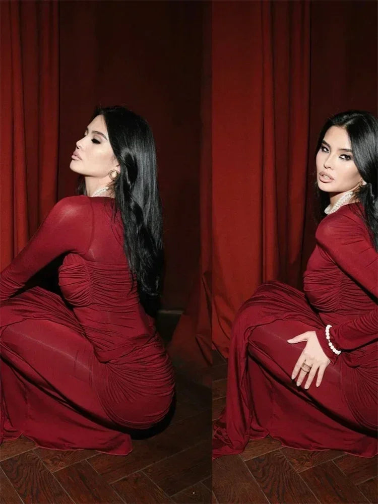 Vestido Maxi Plisado Sexy para Mujer Tossy, Vestido Ajustado de Manga Larga con Parches y Nudos, Estilo Y2k Otoño, Ropa Urbana para Mujer