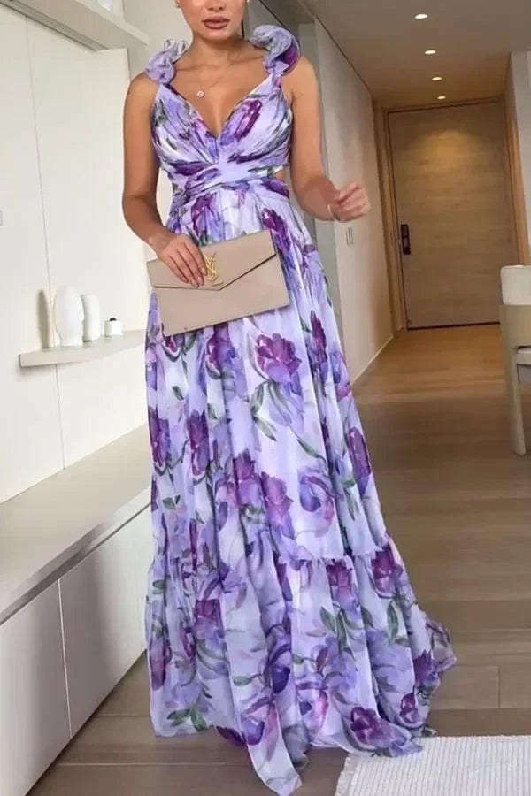 Vestido largo de gasa estampado sexy 2025, moda de verano, elegante, con cuello en V, volantes, ajustado, sin mangas, sin espalda, para fiesta, para vacaciones